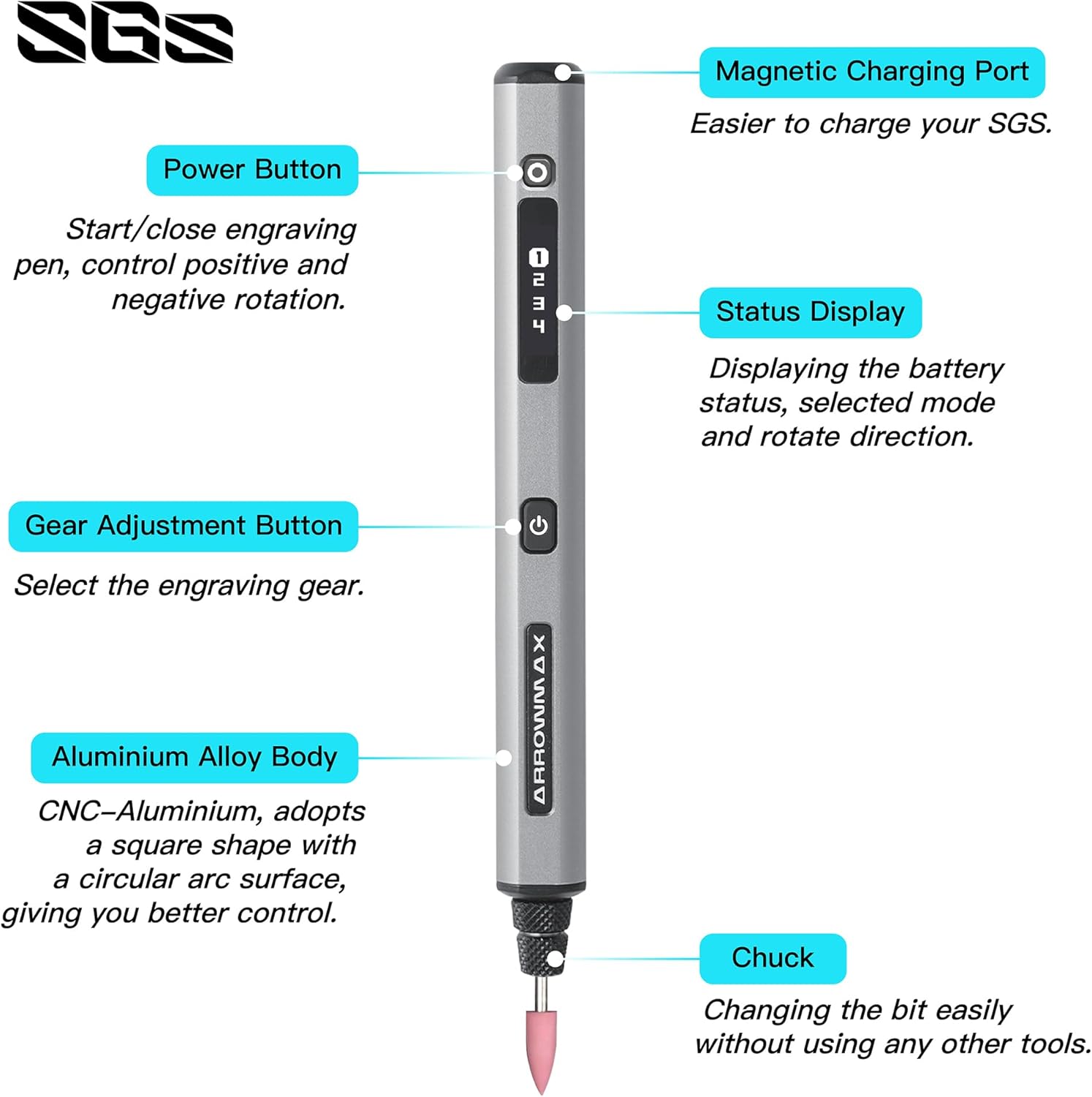 AM ARROWMAX Mini Electric Engraving Pen, HollowCup Motor, 42 Bits with Aluminum Case, OLED, Magnetic Charge, Mini Cordless Rotary Tool, Engraving Pen for Bead, Metal, Wood, Glass and Plastic (SGS) - Image 3