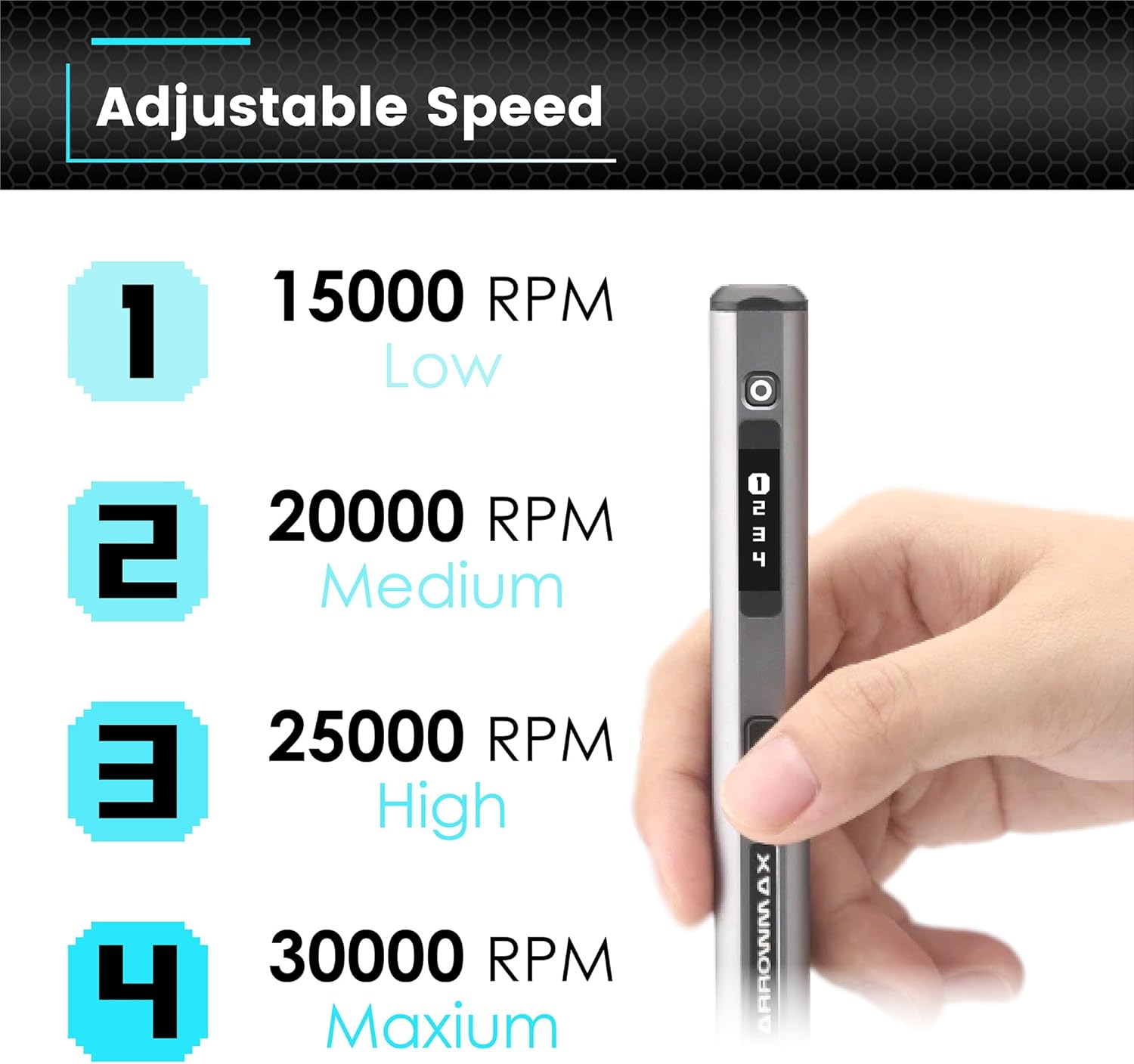 AM ARROWMAX Mini Electric Engraving Pen, HollowCup Motor, 42 Bits with Aluminum Case, OLED, Magnetic Charge, Mini Cordless Rotary Tool, Engraving Pen for Bead, Metal, Wood, Glass and Plastic (SGS) - Image 4