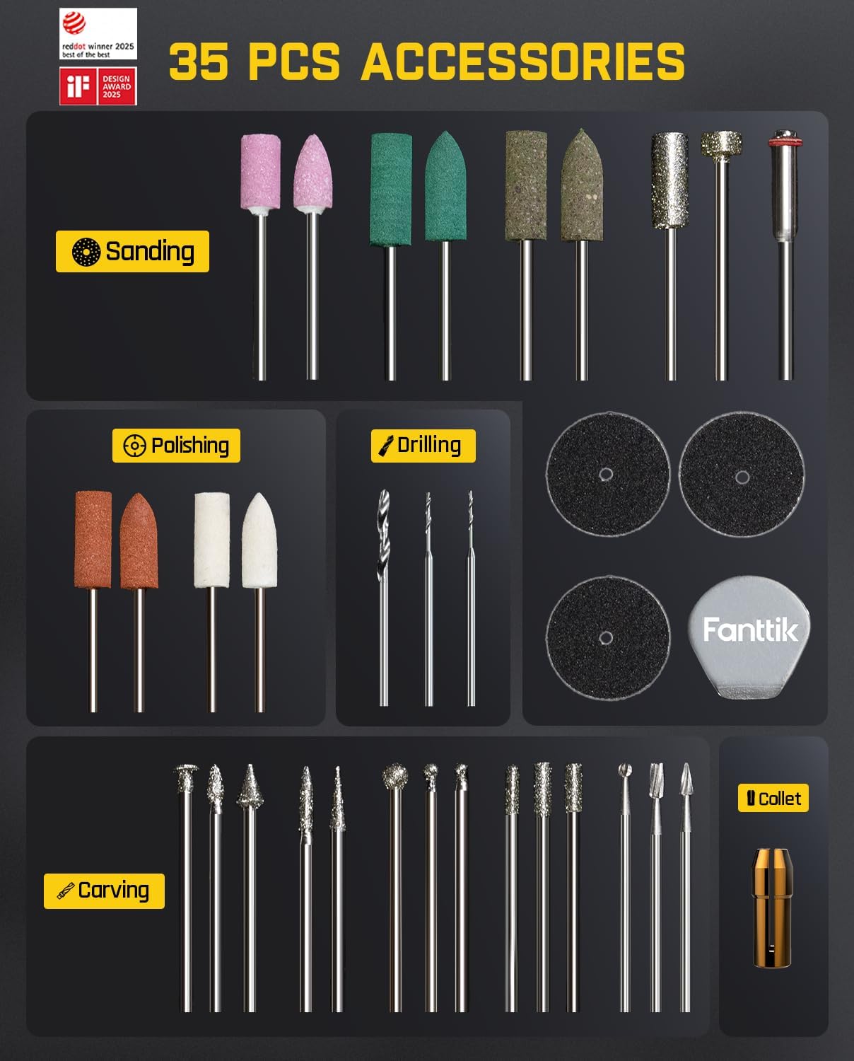 Fanttik F2 Master Mini Cordless Rotary Tool Kit 4V, NeoPulse Motor, 5 Variable Speed, 25000 RPM, Revostor Hub, 35 Accessories, Power Tool for Sanding, Polishing, Drilling, Carving, DIY Crafts - Image 8